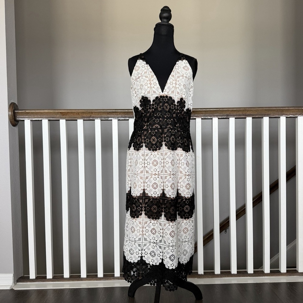 Dress The Population Vera Lace Plunge V Neck Midi Dress Scallop Crochet Large